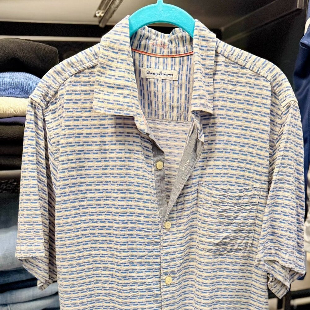 Tommy Bahama Men's Silk Hawaiian Camp Shirt Large Blue White